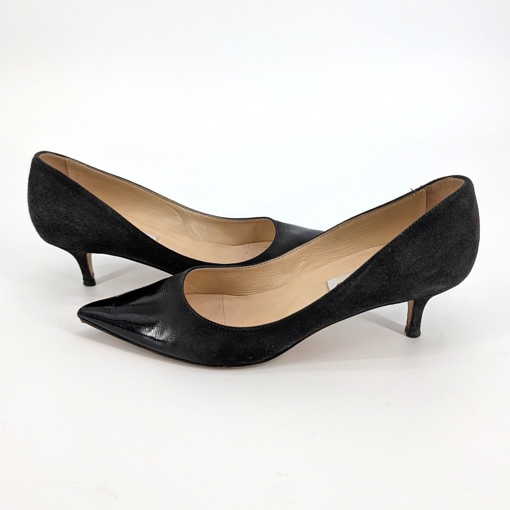 Jimmy Choo Black Suede Patent Leather Kitten Heel Pointed Toe Pumps Size 37.5